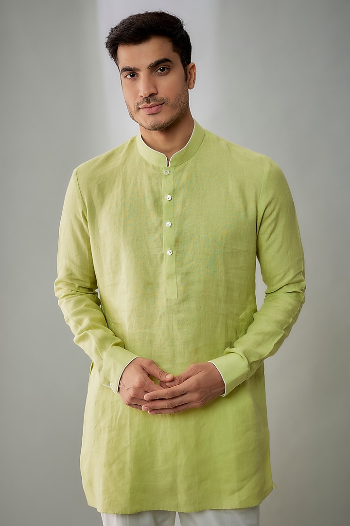 Green Linen Short Kurta by Bubber Couture at Pernia's Pop Up Shop