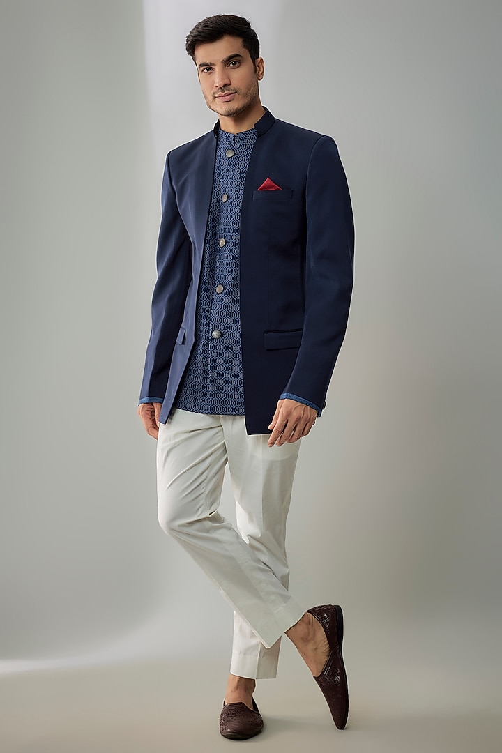 Blue Crepe Wool Machine Embroidered Groom Bandhgala Jacket by Bubber Couture at Pernia's Pop Up Shop