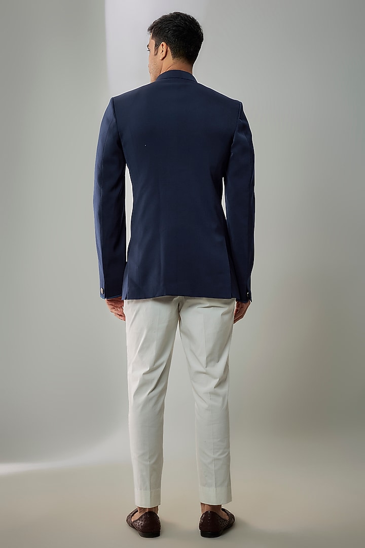 Blue Crepe Wool Machine Embroidered Groom Bandhgala Jacket by Bubber Couture at Pernia's Pop Up Shop