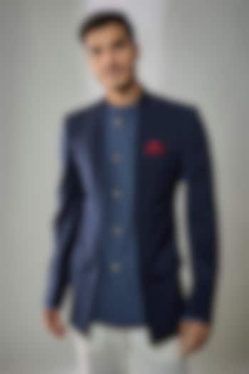 Blue Crepe Wool Machine Embroidered Bandhgala Jacket by Bubber Couture