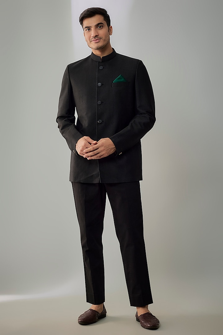Black Cotton Suiting Diagonal Textured Wedding Bandhgala Jacket by Bubber Couture at Pernia's Pop Up Shop