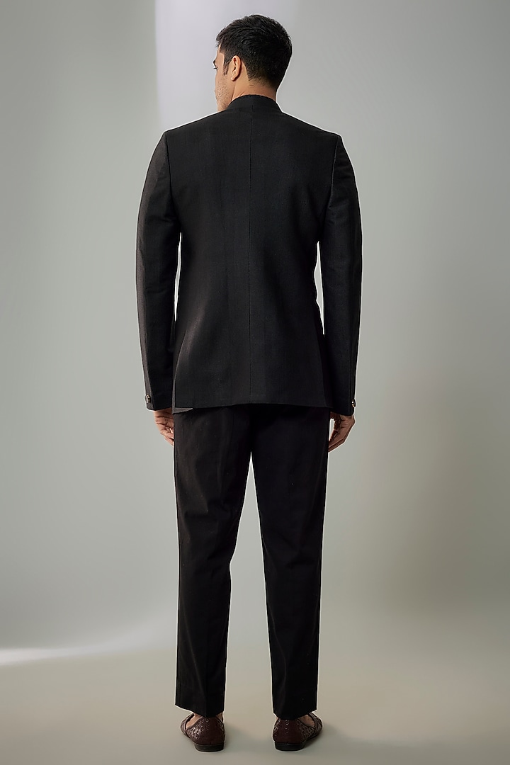 Black Cotton Suiting Diagonal Textured Wedding Bandhgala Jacket by Bubber Couture at Pernia's Pop Up Shop