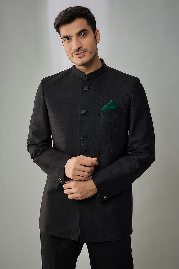 Black Cotton Suiting Diagonal Textured Bandhgala Jacket by Bubber Couture