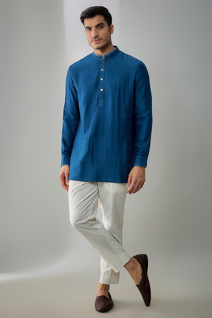 Blue Jacquard Silk Layered Shirt Kurta by Bubber Couture