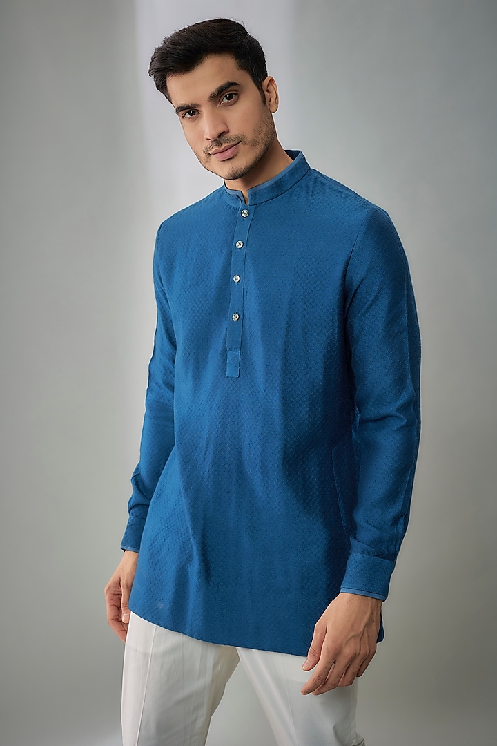 Blue Jacquard Silk Layered Shirt Kurta by Bubber Couture at Pernia's Pop Up Shop