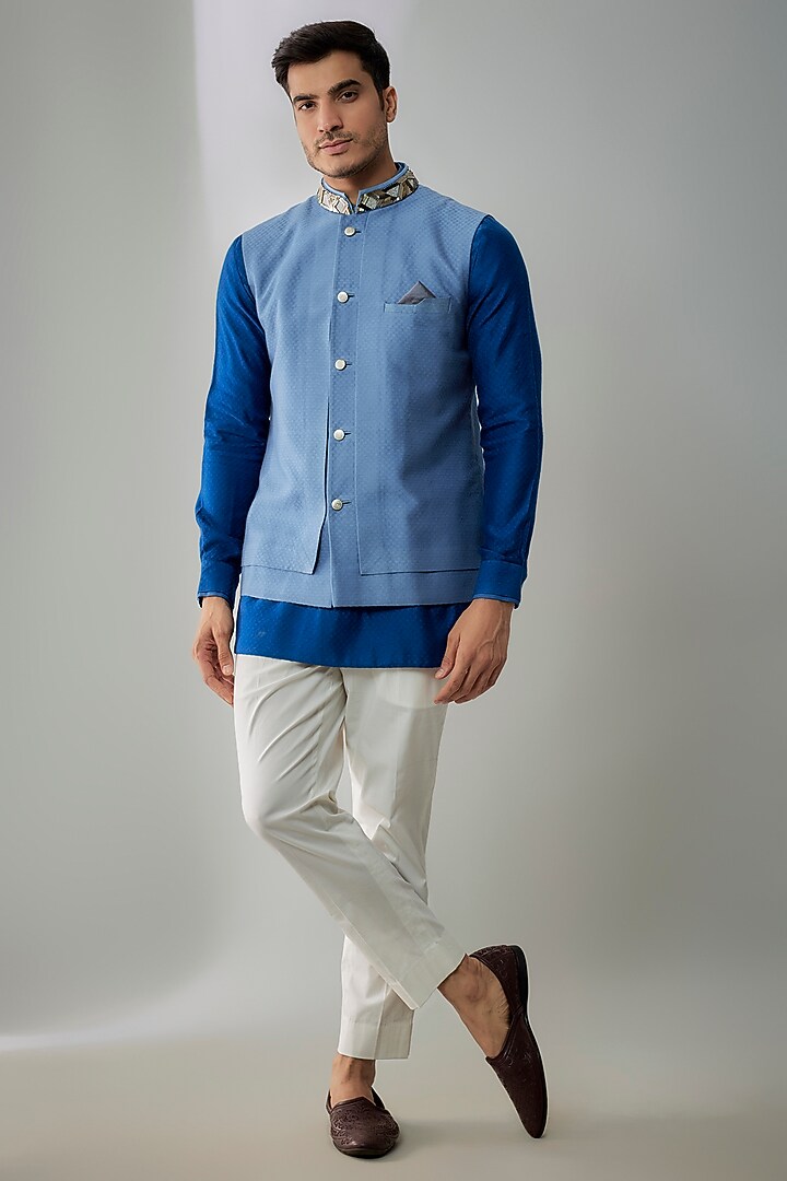 Teal Blue Jacquard Silk Metallic Tube Embroidered Layered Bundi Jacket by Bubber Couture at Pernia's Pop Up Shop