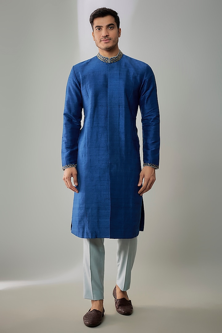 Navy Blue Raw Silk Bead Embroidered Kurta Set by Bubber Couture