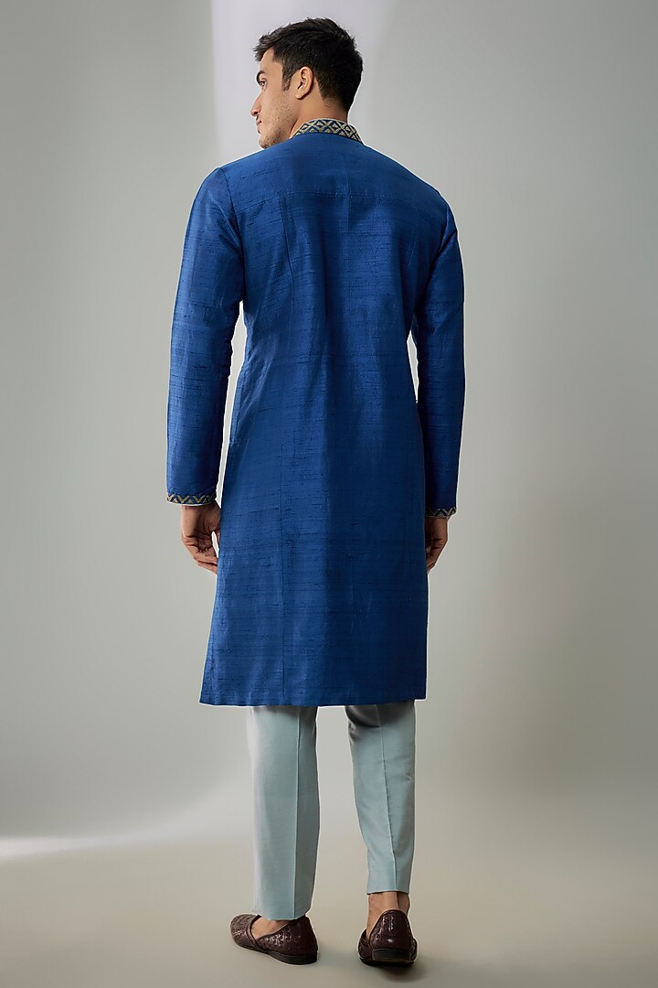 Navy Blue Raw Silk Bead Embroidered Kurta Set by Bubber Couture at Pernia's Pop Up Shop