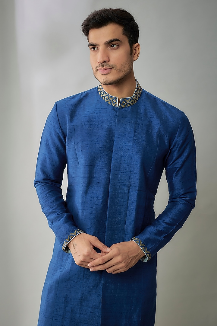 Navy Blue Raw Silk Bead Embroidered Kurta Set by Bubber Couture at Pernia's Pop Up Shop
