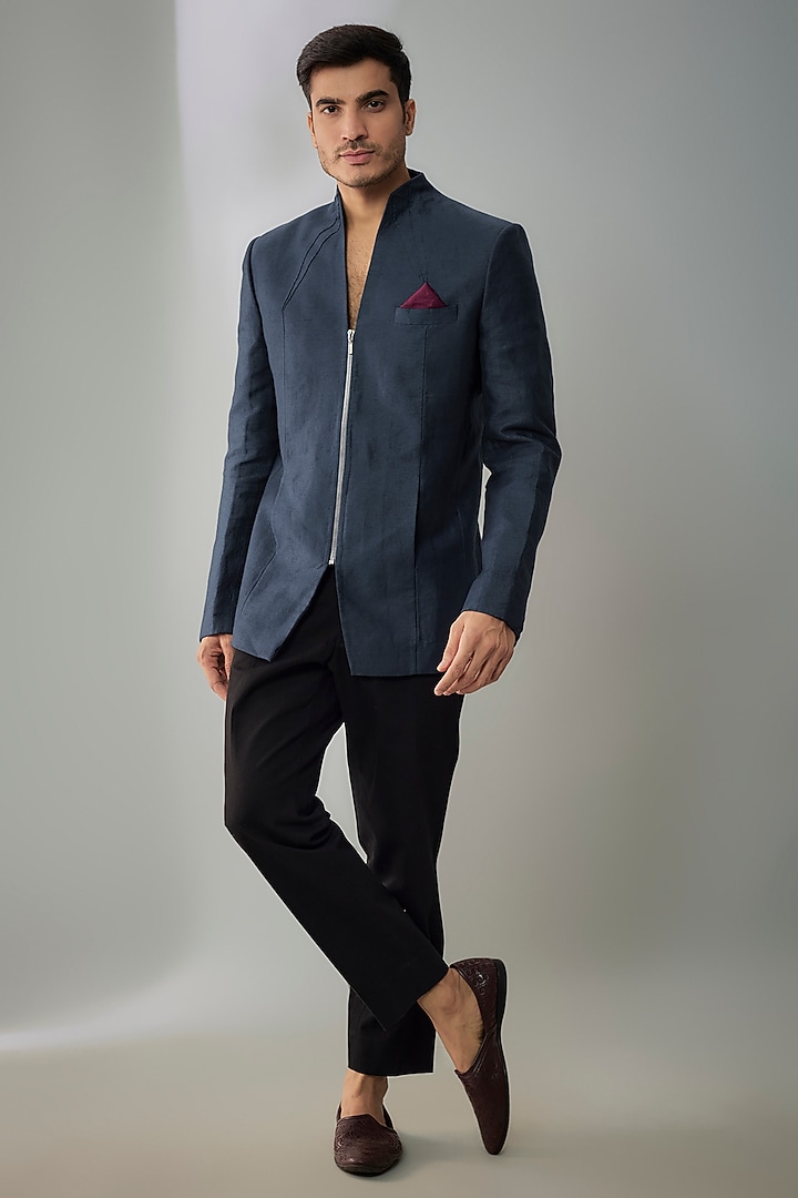 Navy Linen Structured & Pleated Wedding Bandhgala Jacket by Bubber Couture at Pernia's Pop Up Shop