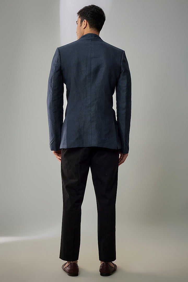Navy Linen Structured & Pleated Wedding Bandhgala Jacket by Bubber Couture at Pernia's Pop Up Shop