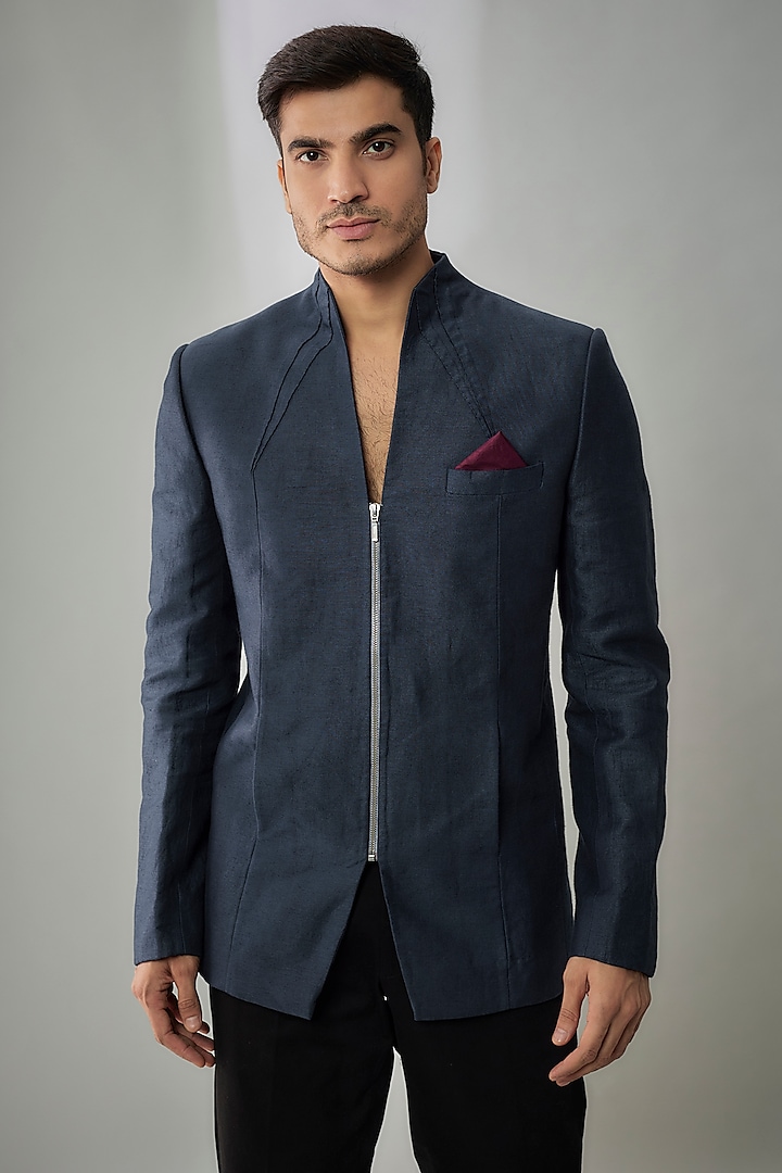 Navy Linen Structured & Pleated Bandhgala Jacket by Bubber Couture