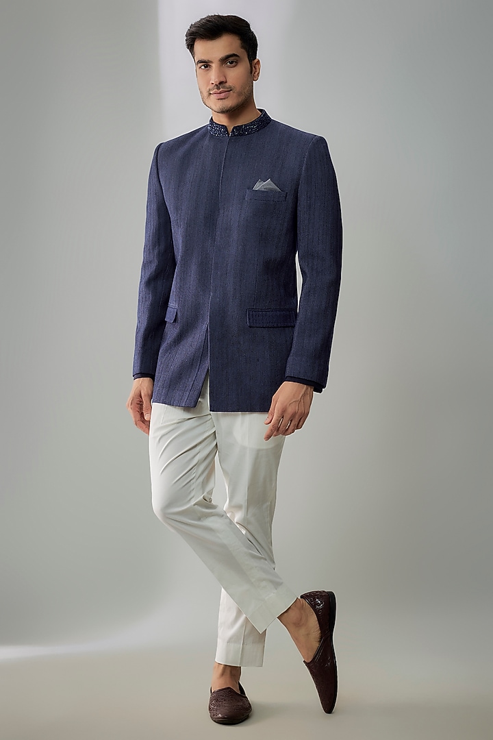 Navy Cotton Silk Anchor Embroidered & Striped Printed Groom Bandhgala Jacket by Bubber Couture at Pernia's Pop Up Shop
