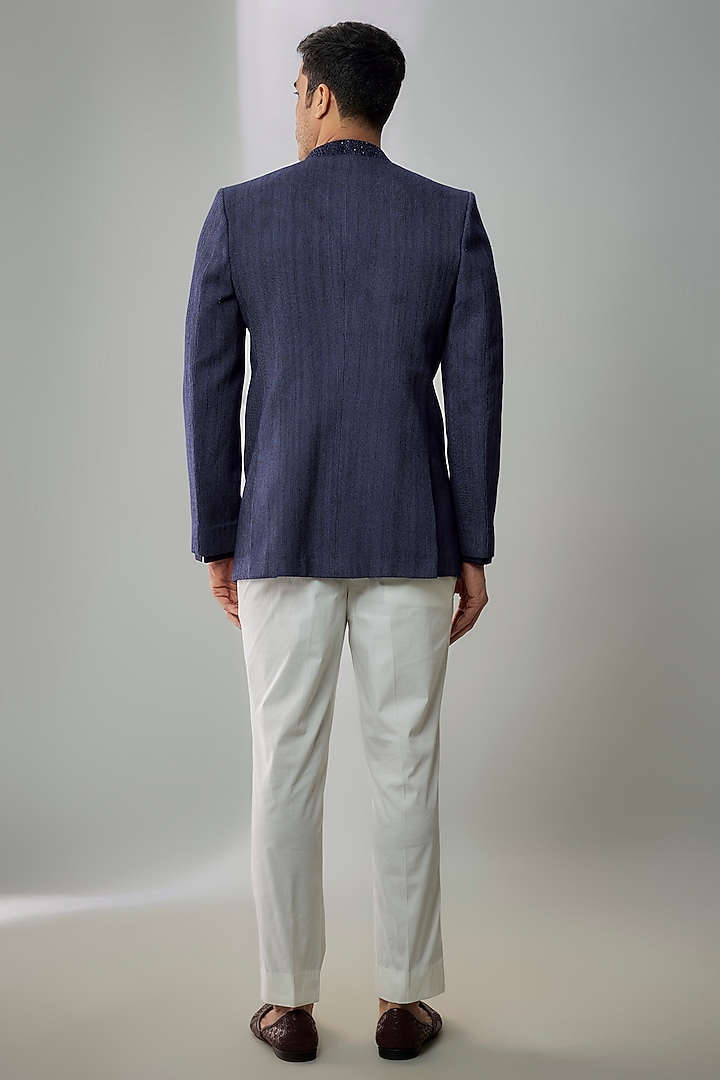 Navy Cotton Silk Anchor Embroidered & Striped Printed Groom Bandhgala Jacket by Bubber Couture at Pernia's Pop Up Shop