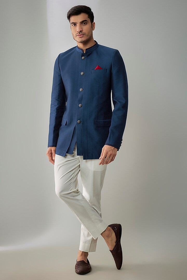 Cobalt Blue Jacquard Silk Resham Embroidered Layered Wedding Bandhgala Jacket by Bubber Couture at Pernia's Pop Up Shop