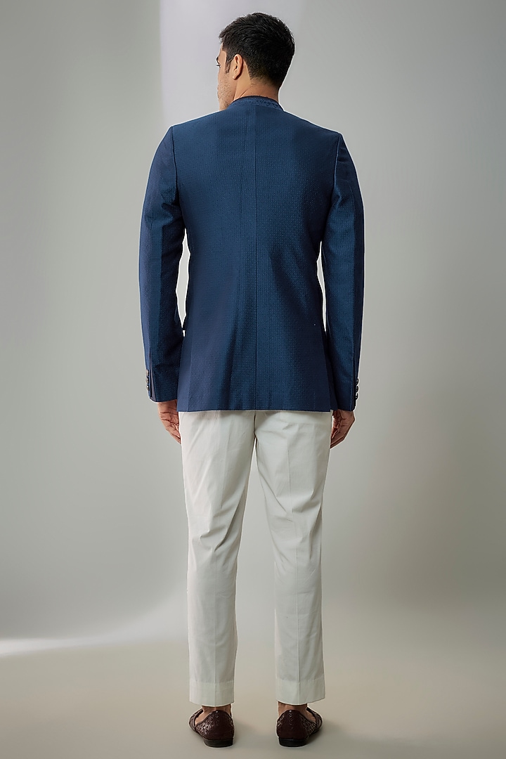 Cobalt Blue Jacquard Silk Resham Embroidered Layered Wedding Bandhgala Jacket by Bubber Couture at Pernia's Pop Up Shop