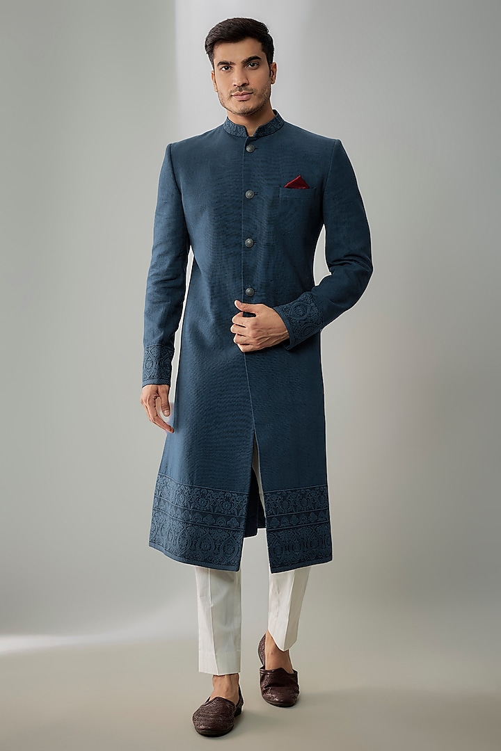 Navy Blue Matka Silk Floral Embroidered Sherwani by Bubber Couture