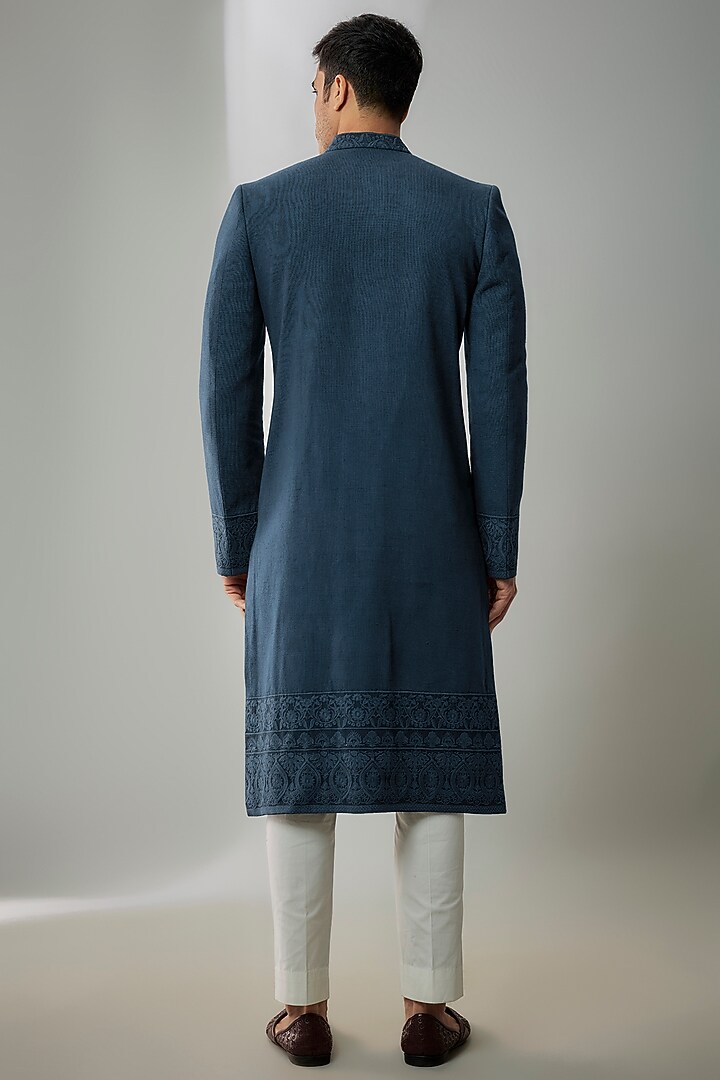 Navy Blue Matka Silk Floral Embroidered Groom Sherwani by Bubber Couture at Pernia's Pop Up Shop