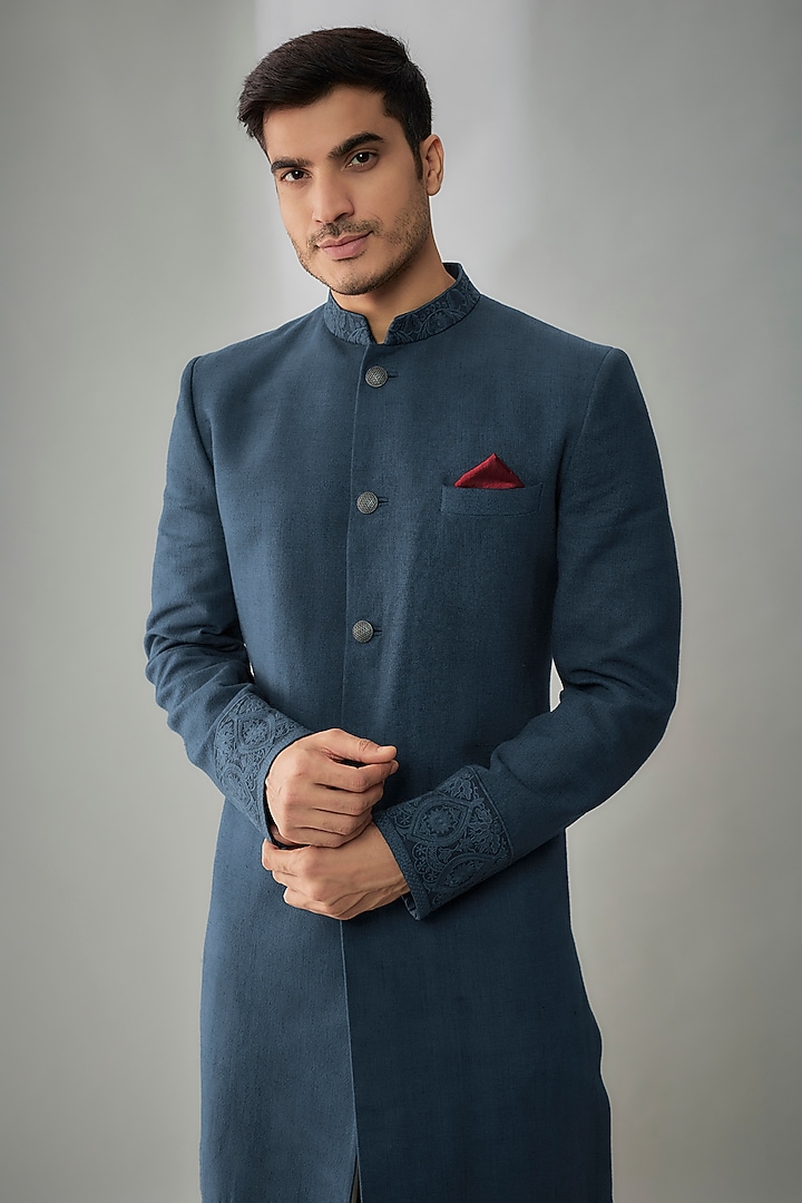 Navy Blue Matka Silk Floral Embroidered Groom Sherwani by Bubber Couture at Pernia's Pop Up Shop
