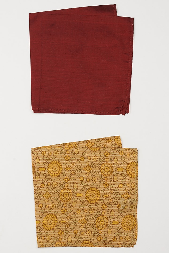 Red & Beige Cotton & Silk Pocket Squares (Set Of 2) by Bubber Couture at Pernia's Pop Up Shop