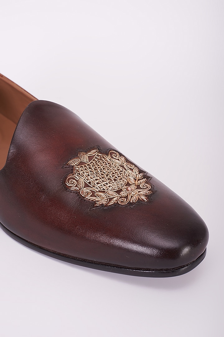 Dark Brown Italian Leather Embroidered Mojaris by Bubber Couture at Pernia's Pop Up Shop