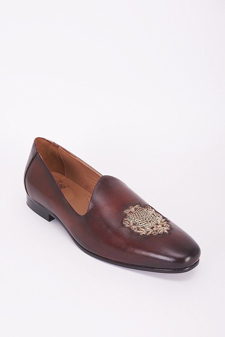 Dark Brown Italian Leather Embroidered Mojaris by Bubber Couture at Pernia's Pop Up Shop