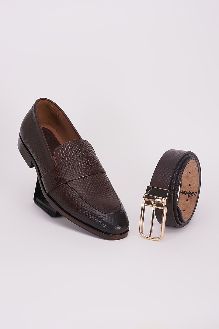 Brown Italian Leather Shoes With Belt by Bubber Couture at Pernia's Pop Up Shop