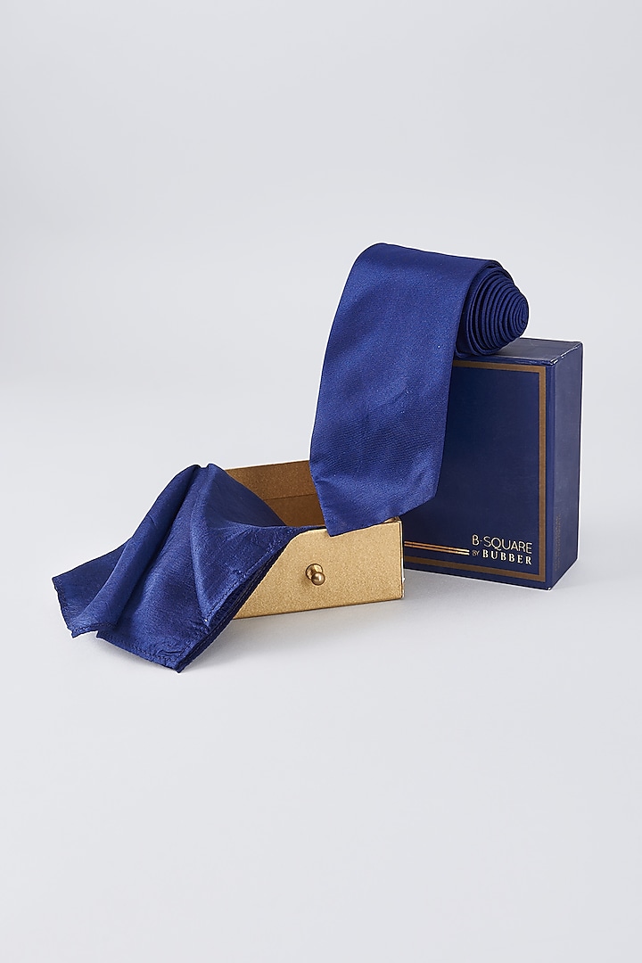 Navy Blue Pure Silk Necktie & Pocket Square (Set of 2) by Bubber Couture at Pernia's Pop Up Shop