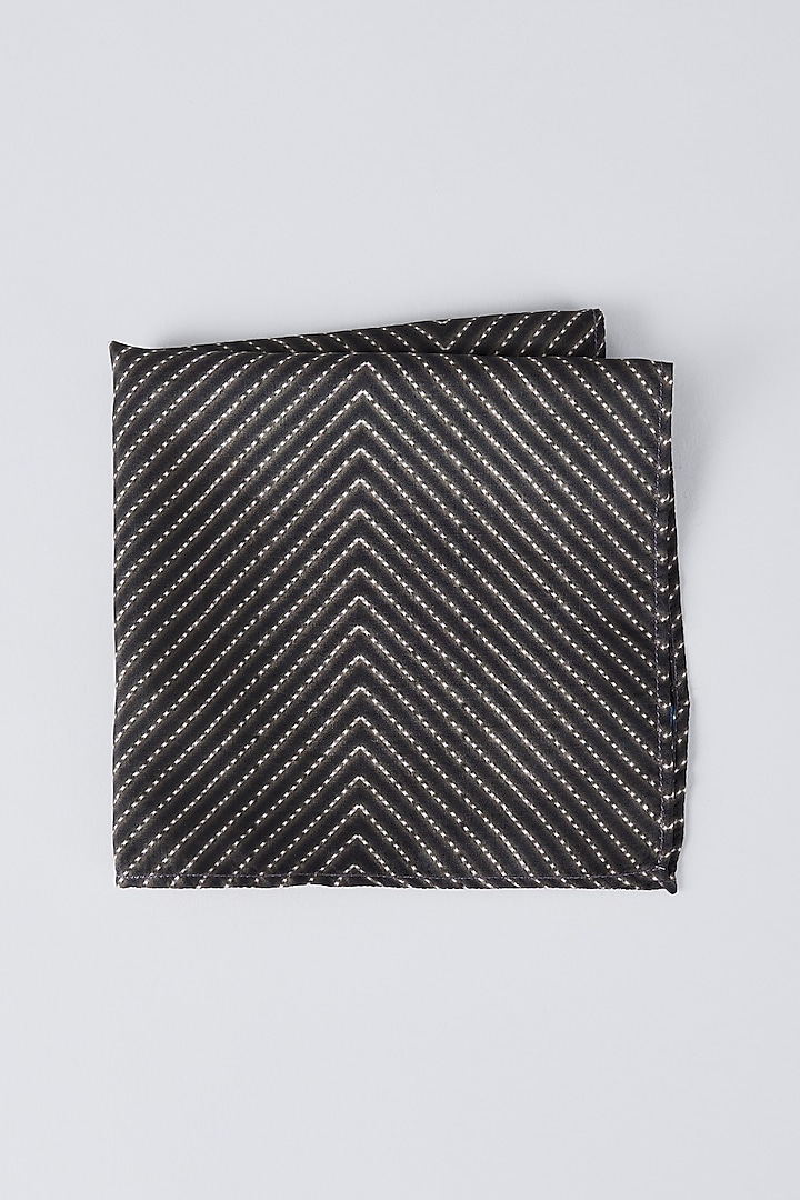 Black Pure Silk Printed Pocket Square by Bubber Couture