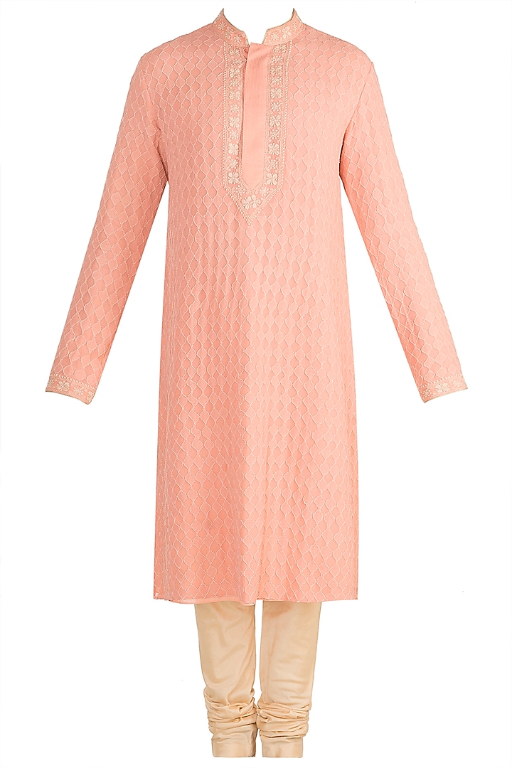 Salmon Pink & Beige Floral Embroidered Kurta Set by Bubber Couture