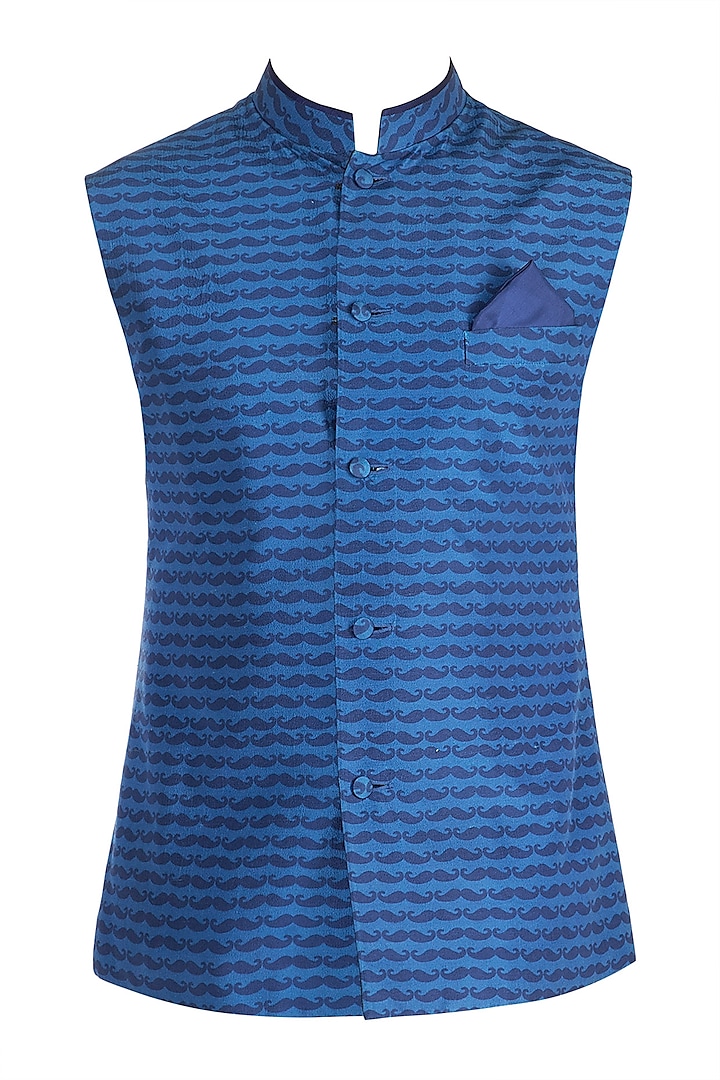 Cobalt BLue Printed Reversible Bundi Jacket by Bubber Couture