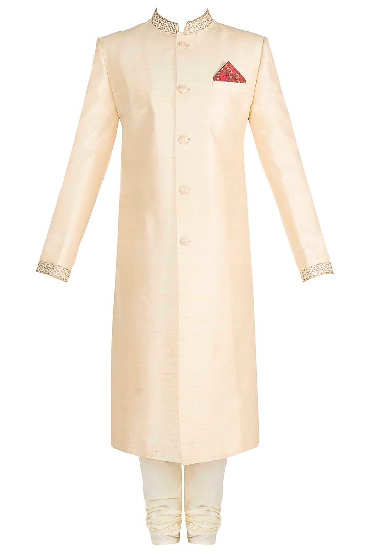 Light Beige Embroidered Sherwani by Bubber Couture