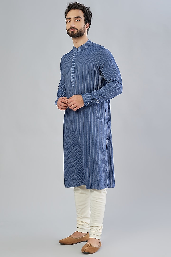 Teal Pintucked Kurta Set by Bubber Couture