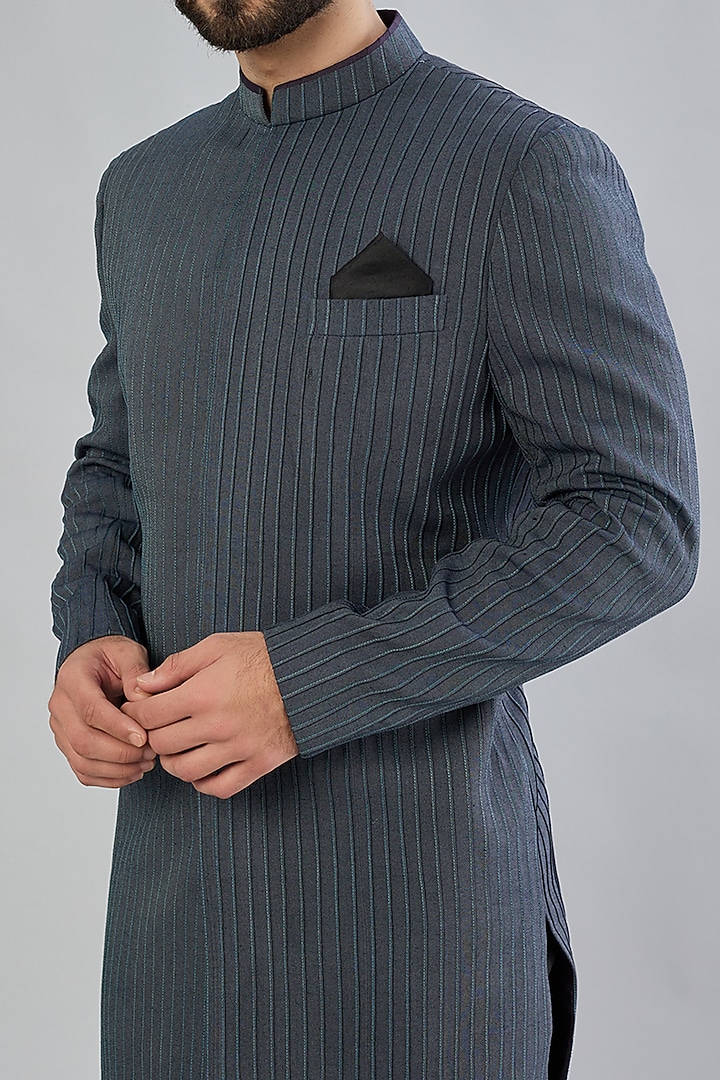 Grey Cotton Silk Pintuck Wedding Sherwani by Bubber Couture at Pernia's Pop Up Shop