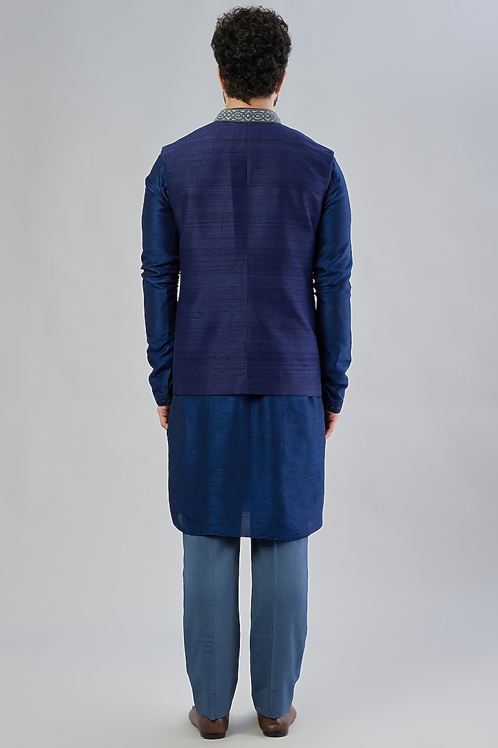 Navy Blue Raw Silk & Wool Zardosi Embroidered Bundi Jacket by Bubber Couture at Pernia's Pop Up Shop