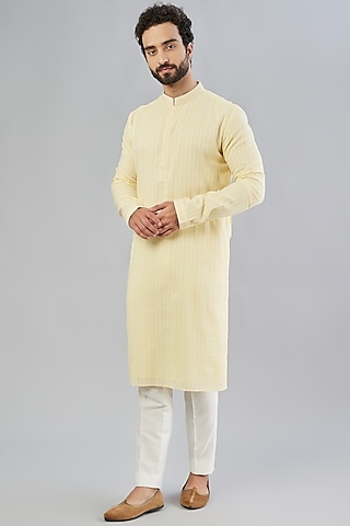 Yellow Cotton Striped Kurta Set by Bubber Couture