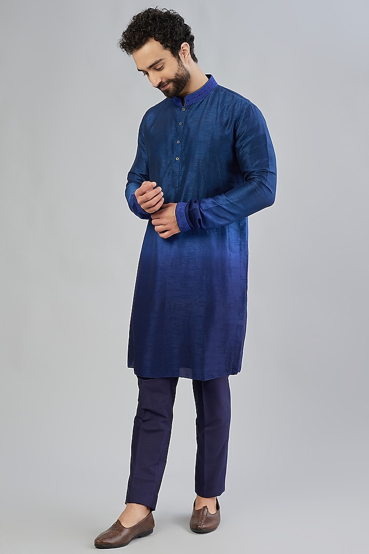 Navy Blue Ombre Embroidered Kurta Set by Bubber Couture