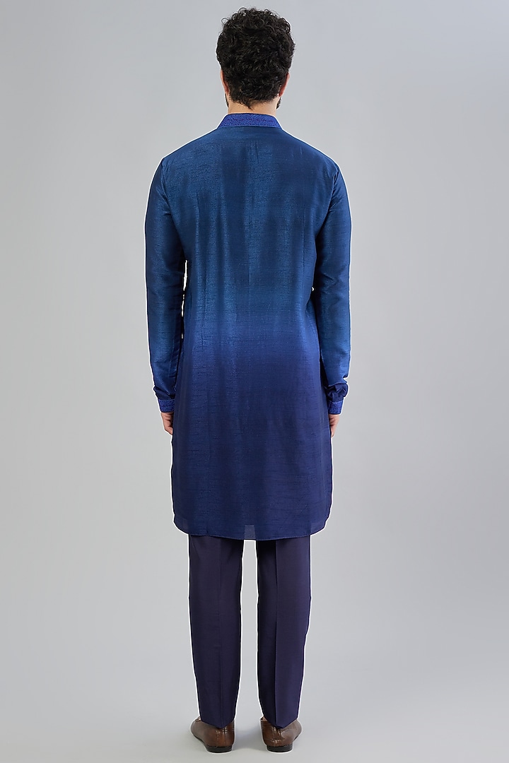 Navy Raw Silk Resham Embroidered Ombre Kurta Set by Bubber Couture at Pernia's Pop Up Shop
