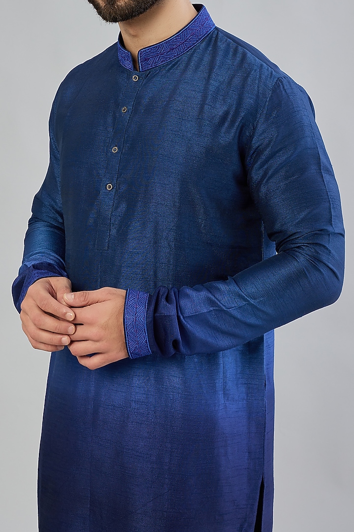 Navy Raw Silk Resham Embroidered Ombre Kurta Set by Bubber Couture at Pernia's Pop Up Shop