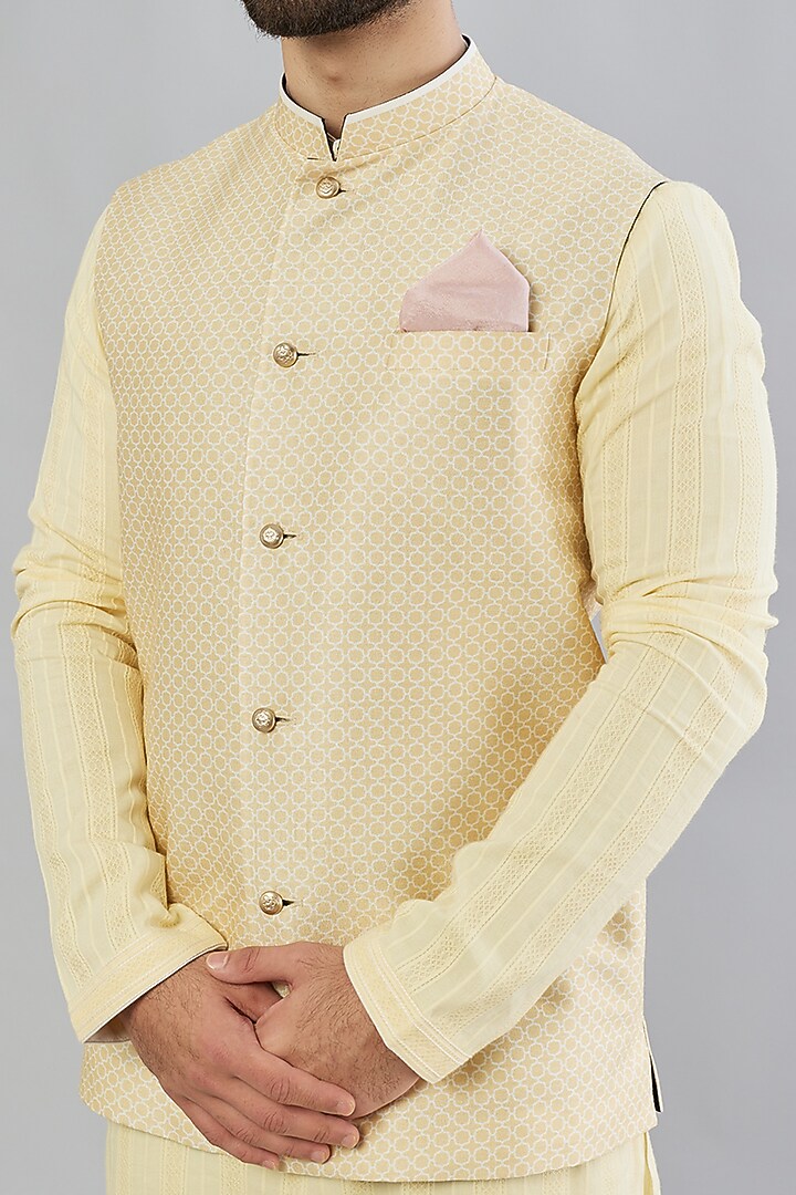 Beige Silk Viscose Printed Bundi Jacket by Bubber Couture at Pernia's Pop Up Shop