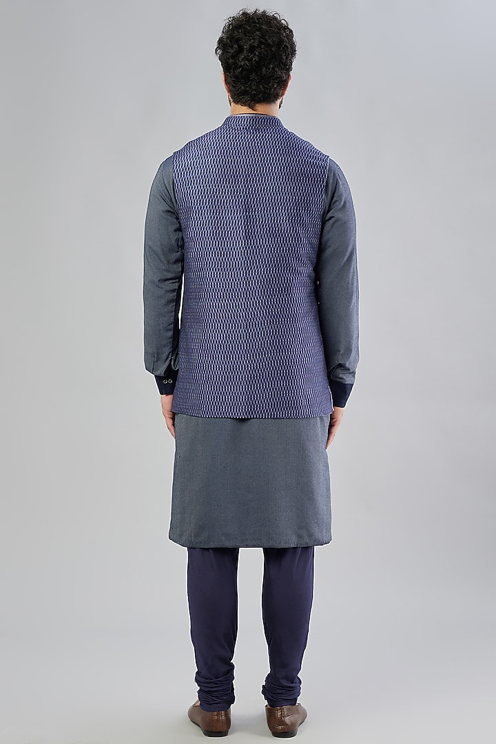 Navy Blue Silk Viscose Printed Bundi Jacket by Bubber Couture at Pernia's Pop Up Shop