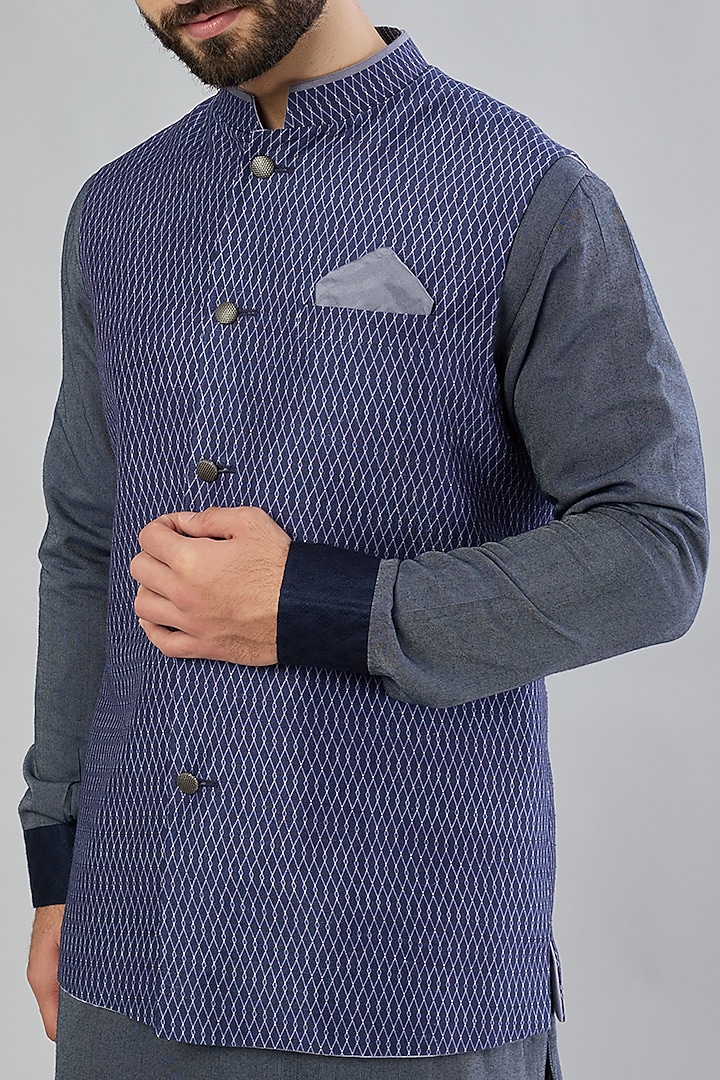 Navy Blue Silk Viscose Printed Bundi Jacket by Bubber Couture at Pernia's Pop Up Shop