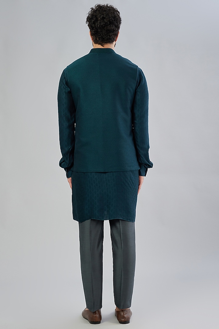 Peacock Blue Jacquard Silk Bundi Jacket by Bubber Couture at Pernia's Pop Up Shop