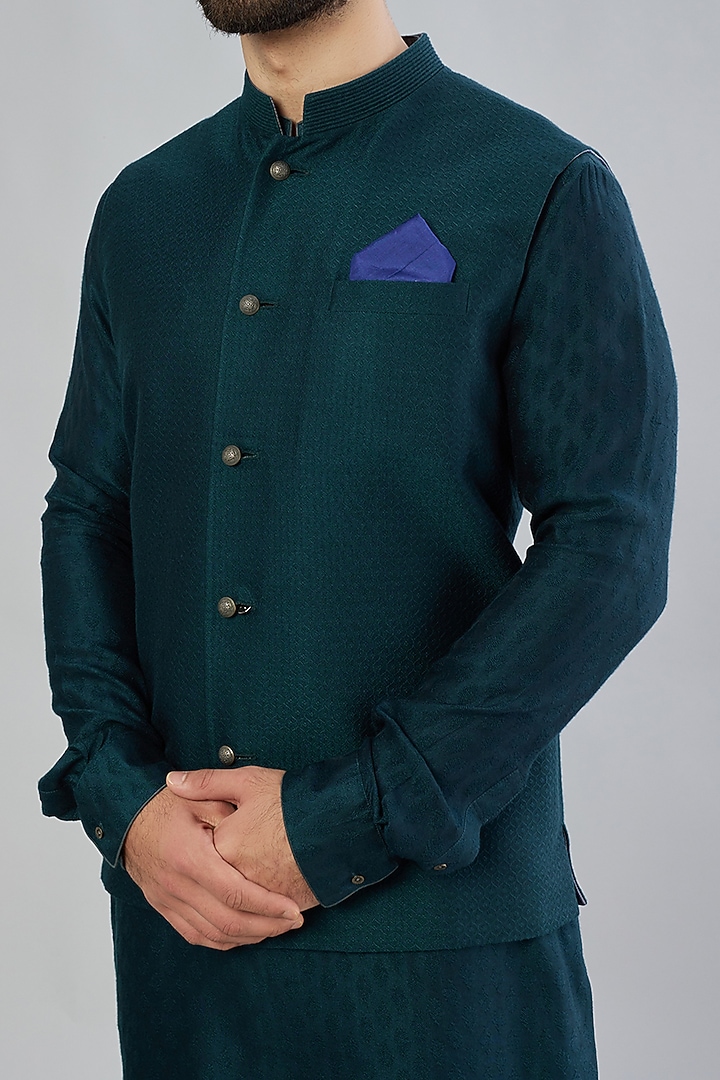 Peacock Blue Jacquard Silk Bundi Jacket by Bubber Couture at Pernia's Pop Up Shop