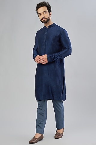 Cobalt Blue Raw Silk Kurta Set by Bubber Couture