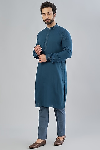 Sapphire Blue Dobby Silk Kurta Set by Bubber Couture