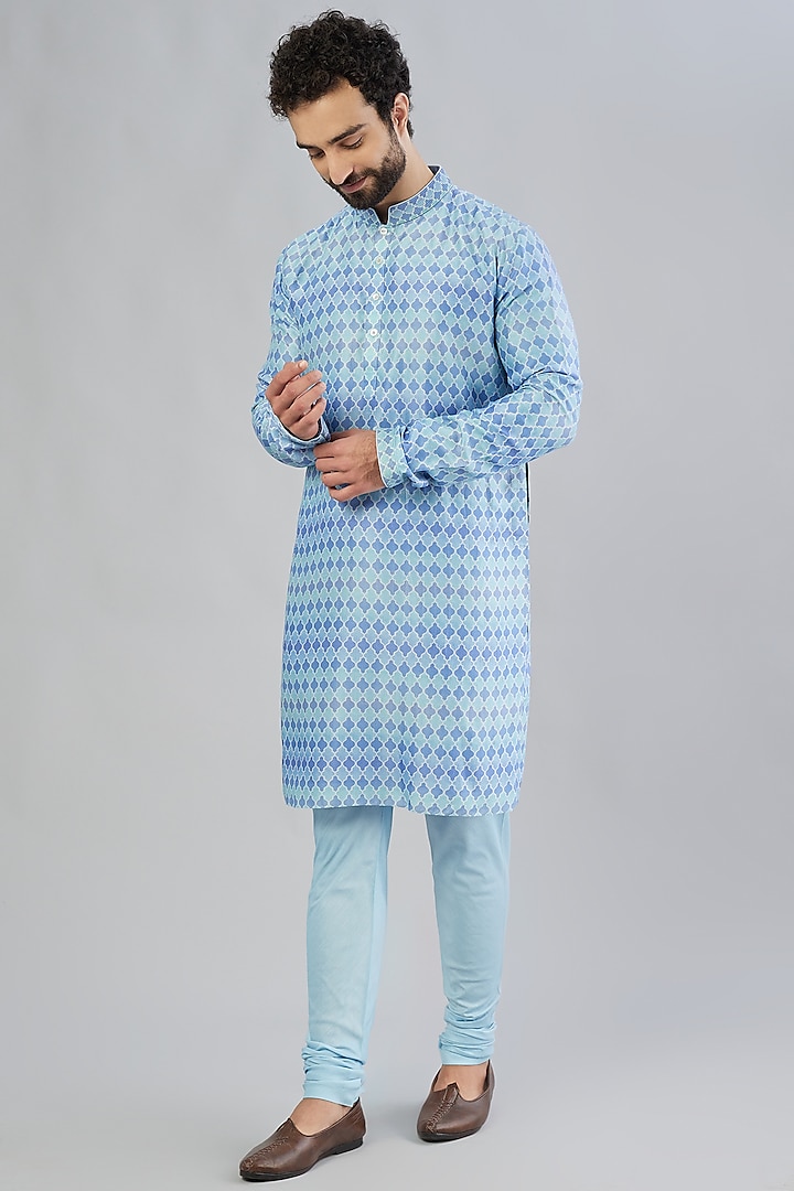 Sky Blue Printed Kurta Set by Bubber Couture