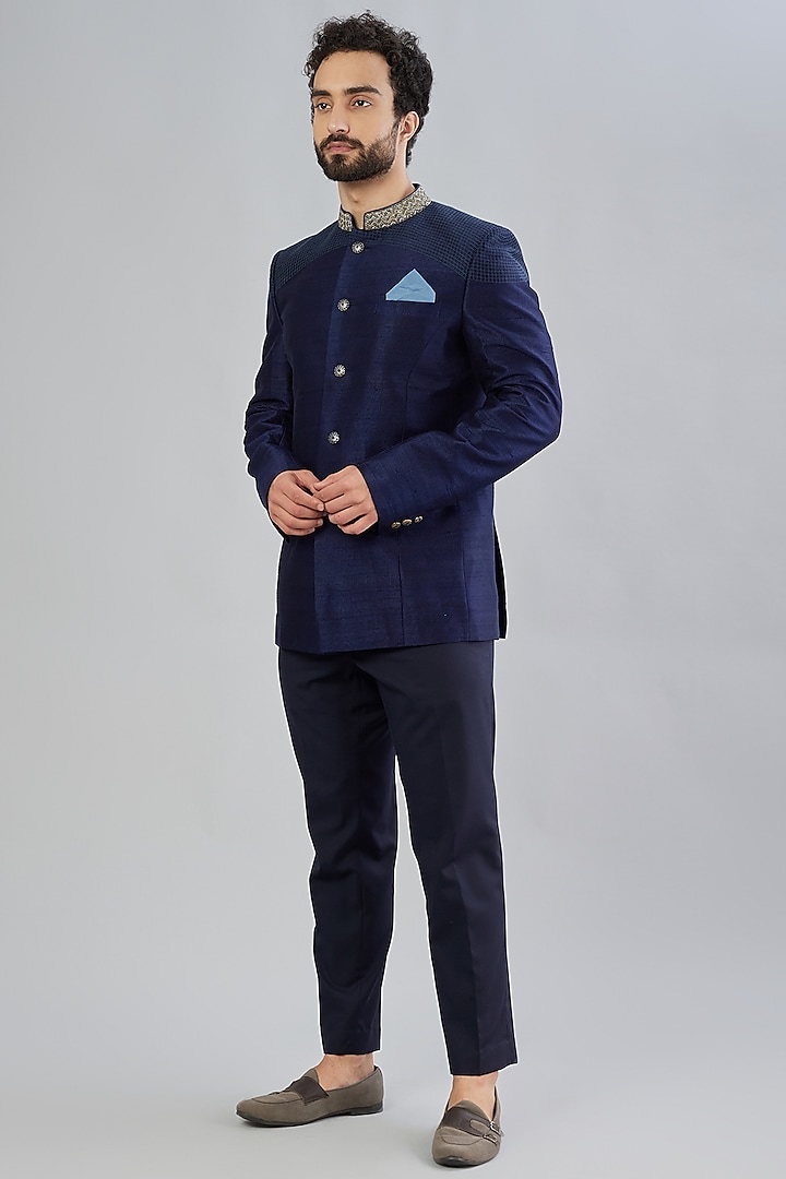 Navy Embroidered Bandhgala Jacket by Bubber Couture