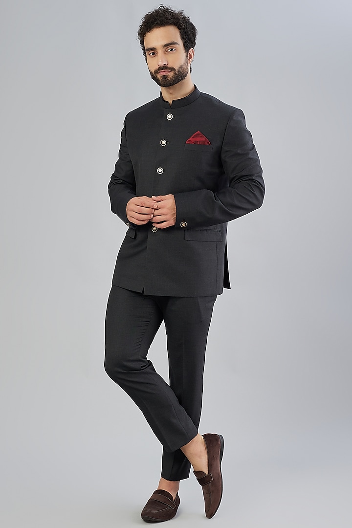 Black Suiting Bandhgala Jacket Set by Bubber Couture
