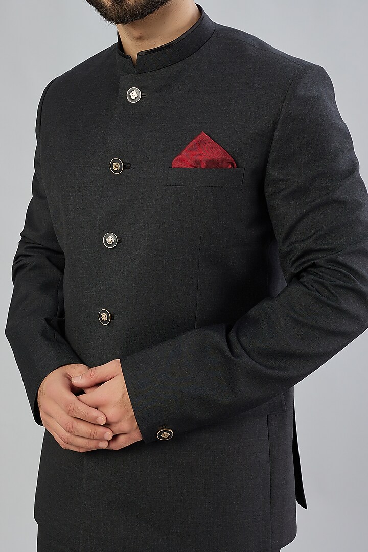 Black Suiting Wedding Bandhgala Jacket Set by Bubber Couture at Pernia's Pop Up Shop